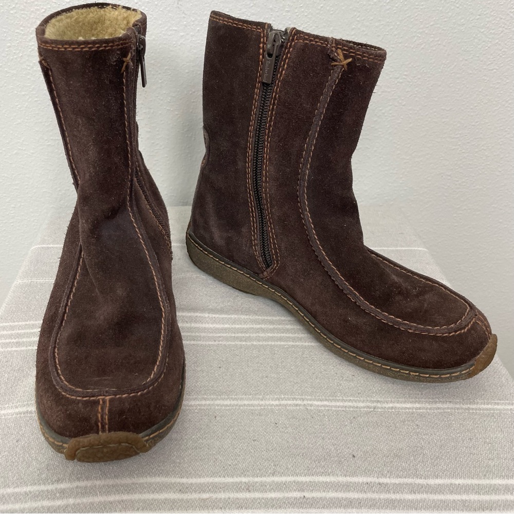 Timberland Suede Leather Moccasin Ankle Boots Booties Sherpa Lined Brown 5.5
